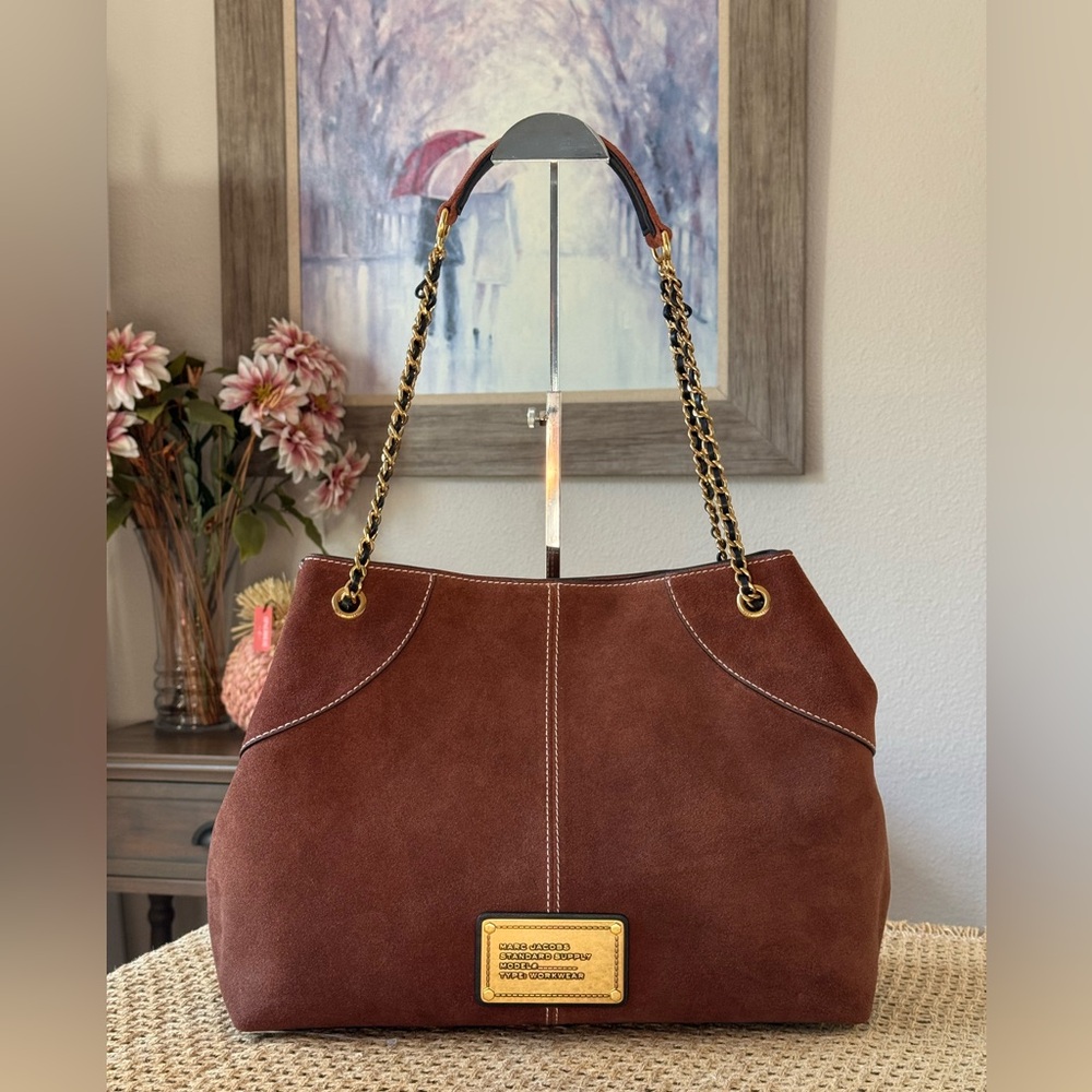 Marc Jacobs The Large Plaza Tote Shoulder Bag suede cognac
